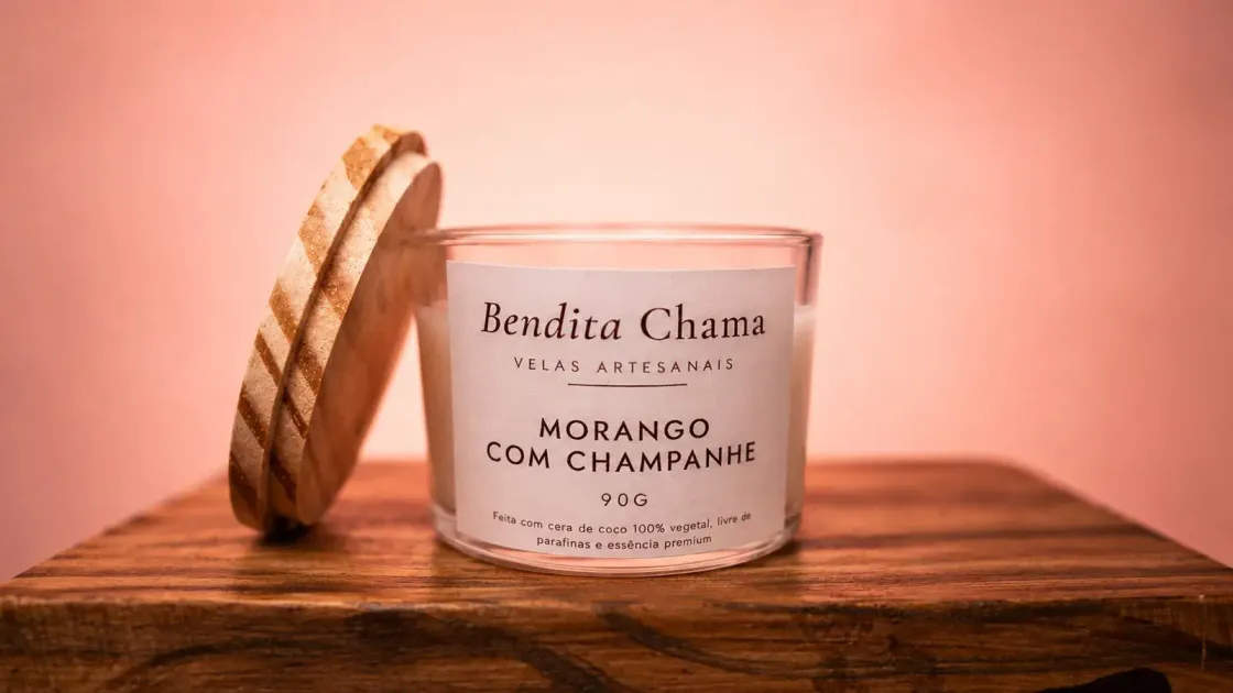 Vela Bendita Chama Morango com Champanhe de 90 g, com tampa de madeira apoiada ao lado.