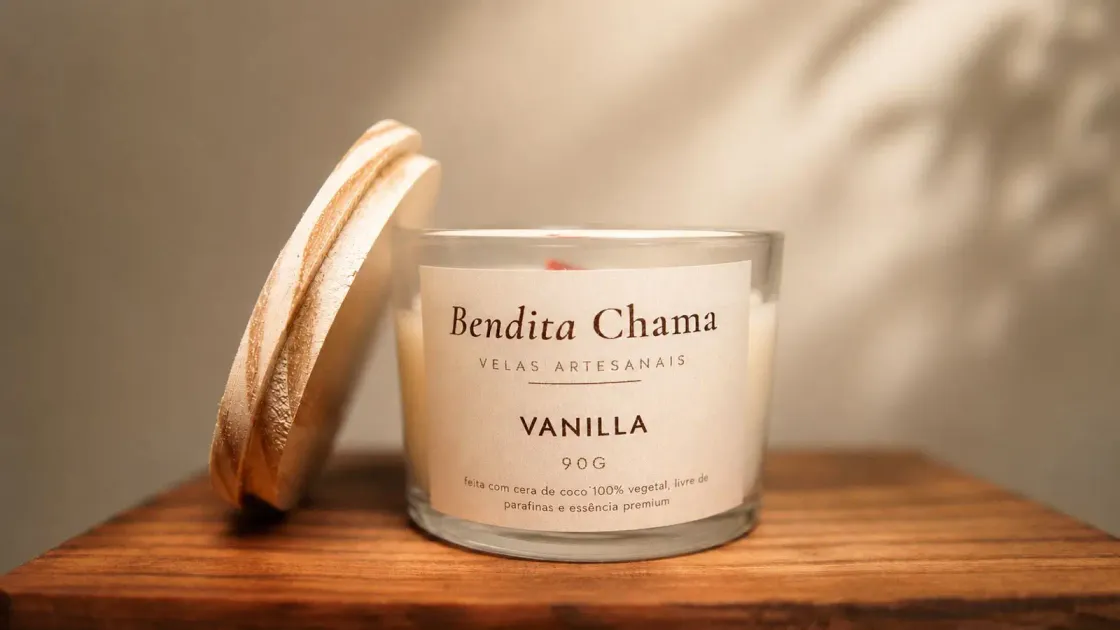 Vela Bendita Chama Vanilla de 90 g, com tampa de madeira apoiada ao lado.